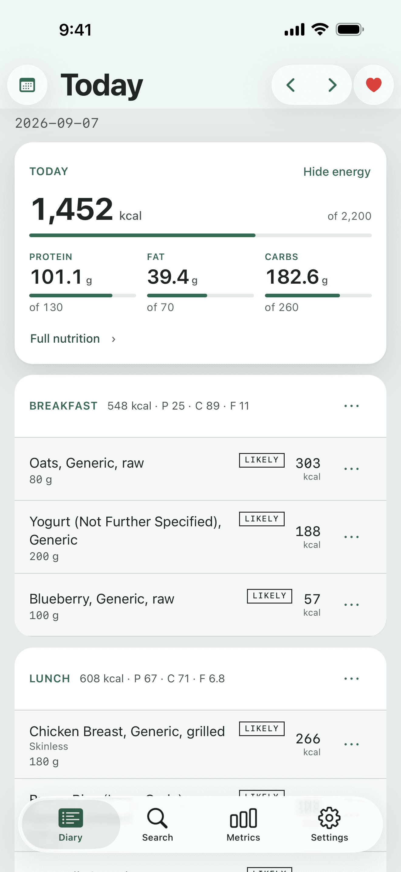 Cress food diary with meals and daily nutrition totals